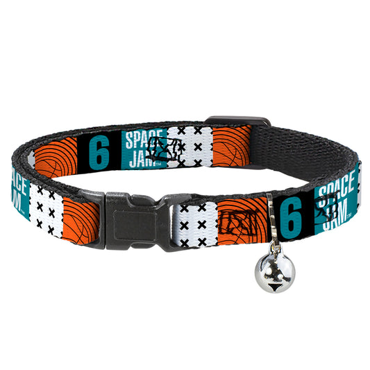 Cat Collar Breakaway with Bell - SPACE JAM Number 6 Blocks Black Turquoise White Red - NARROW Fits 8.5-12"