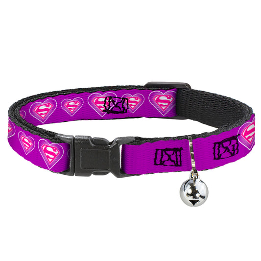 Breakaway Cat Collar with Bell - Superman Logo in Heart Purple/White/Pink