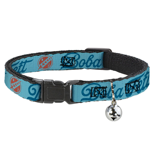 Cat Collar Breakaway with Bell - Star Wars BOBA FETT Script and Logo Blues Red - NARROW Fits 8.5-12"