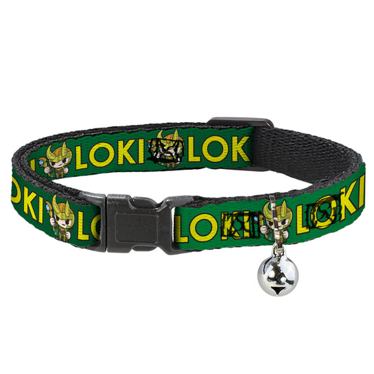Breakaway Cat Collar with Bell - Kawaii LOKI Standing Pose/Text Green/Yellow