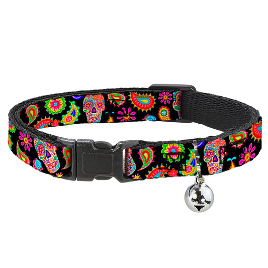 Cat Collar Breakaway with Bell - Bobo Sugar Skull Paisley Black Multi Color - NARROW Fits 8.5-12"