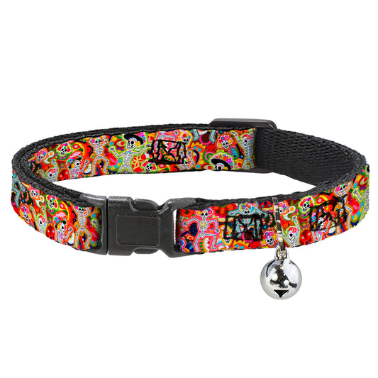 Cat Collar Breakaway with Bell - Dancing Catrinas Collage Multi Color - NARROW Fits 8.5-12"