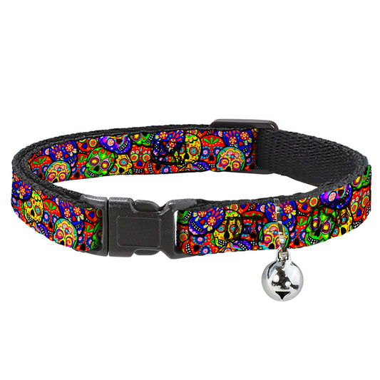 Cat Collar Breakaway with Bell - Colorful Calaveras Stacked Multi Color - NARROW Fits 8.5-12"