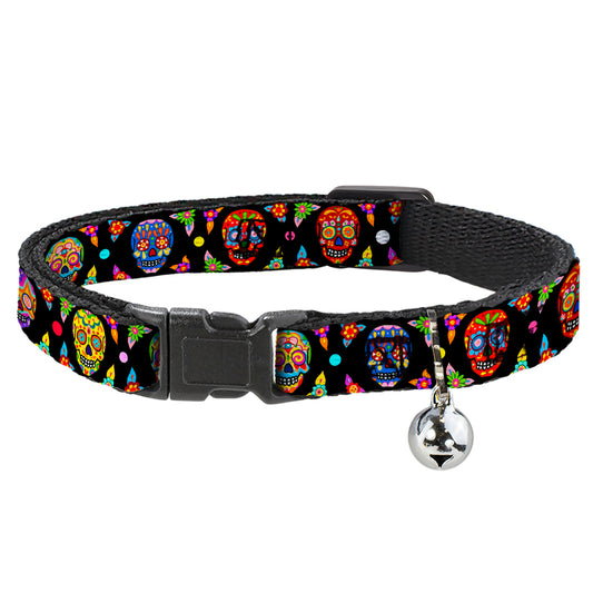 Cat Collar Breakaway with Bell - Colorful Calaveras Black Multi Color - NARROW Fits 8.5-12"