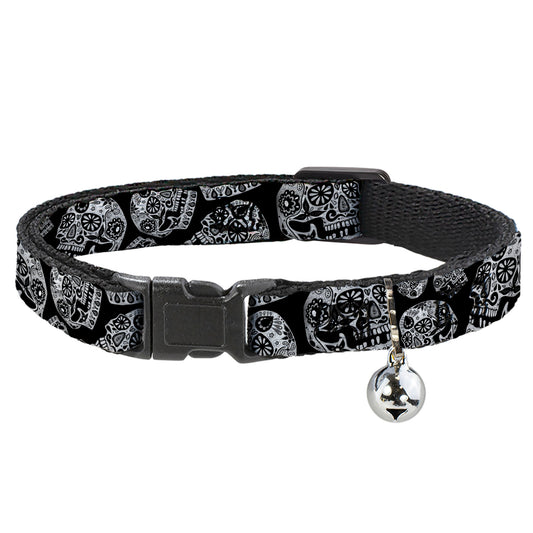 Cat Collar Breakaway with Bell - The Dust of Living II Sugar Skulls Black White - NARROW Fits 8.5-12"