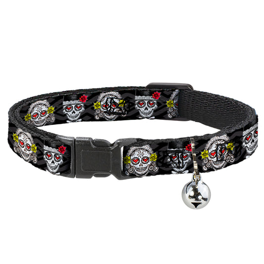 Cat Collar Breakaway with Bell - Los Novios Black Gray White Multi Color - NARROW Fits 8.5-12"