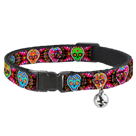 Cat Collar Breakaway with Bell - Six Sugar Skulls Multi Color - NARROW Fits 8.5-12"