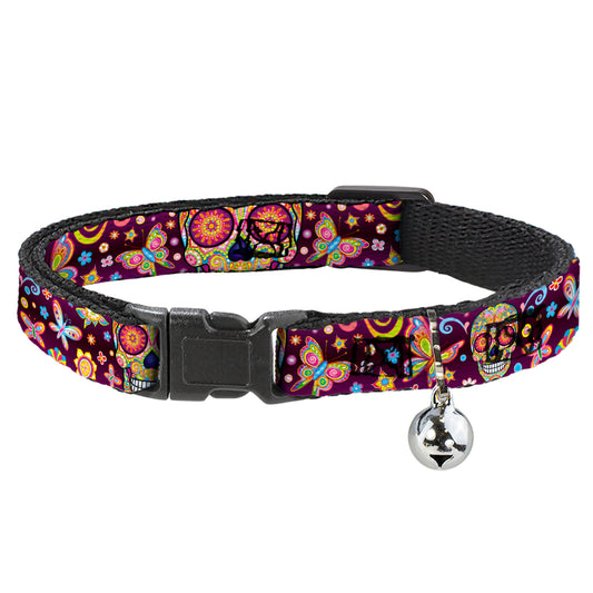 Cat Collar Breakaway with Bell - Mariposa Calaveras Butterflies Flowers Burgundy Multi Color - NARROW Fits 8.5-12"