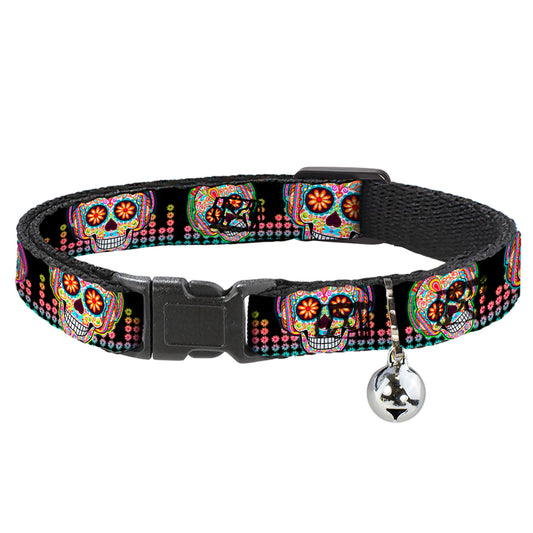 Cat Collar Breakaway with Bell - Tranquility Beats Calaveras Floral Equalizer Black Multi Color - NARROW Fits 8.5-12"