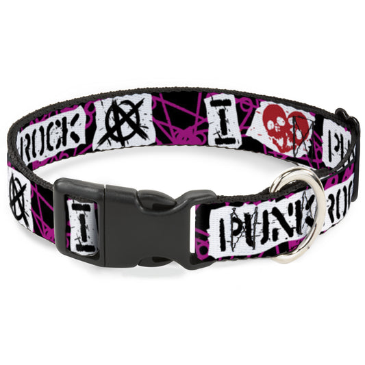 Plastic Clip Collar - I Heart Punk Rock w/Safety Pins Black/Fuchsia/White