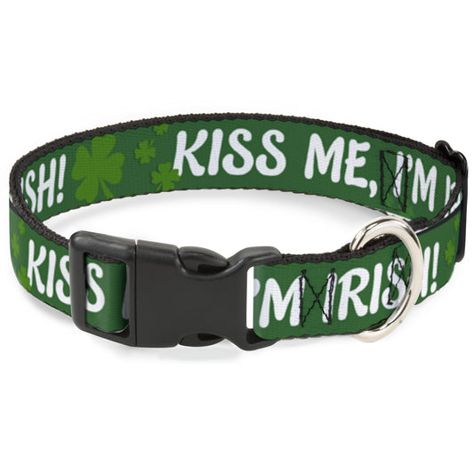 Plastic Clip Collar - KISS ME, I'M IRISH! Clovers Green/White
