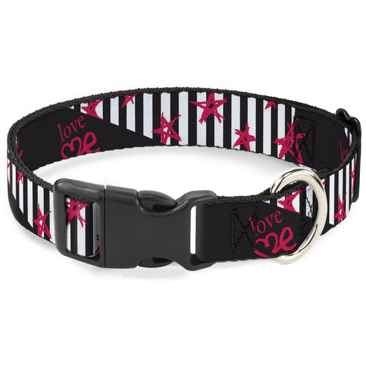Plastic Clip Collar - Love Me w/Sketch Stars & Stripes Black/White/Fuchsia