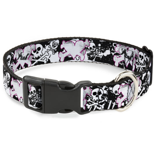Plastic Clip Collar - Punk Heart & Cross Bones w/Skulls & Splatter Black/White