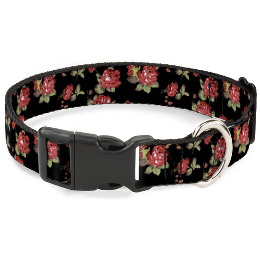 Plastic Clip Collar - Red Roses Scattered Black