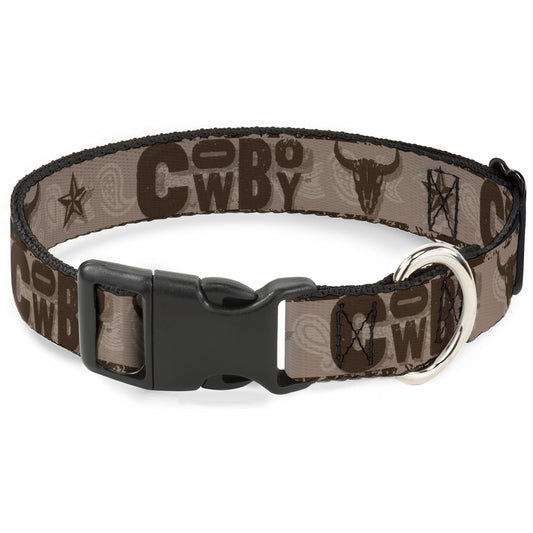 Plastic Clip Collar - Western COWBOY Icons Collage Tan/Browns