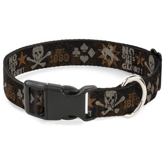 Plastic Clip Collar - Western NO GUTS NO GLORY Skull and Crossbones Browns/Gray