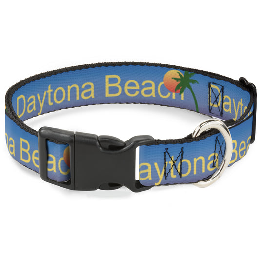 Plastic Clip Collar - DAYTON BEACH Script/Sun/Palm Trees Blue Fade/Yellow/Oranges/Green