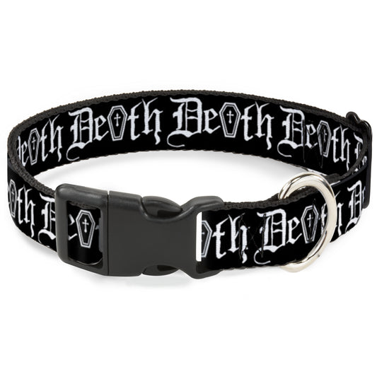 Plastic Clip Collar - DEATH w/Coffin Old English Black/White