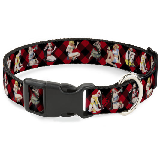 Plastic Clip Collar - Pin Up Girl Poses Buffalo Plaid Blocks Black/Red