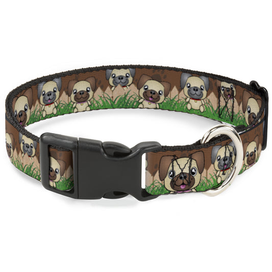 Plastic Clip Collar - Pug Puppies/Paw Prints Browns/Greens