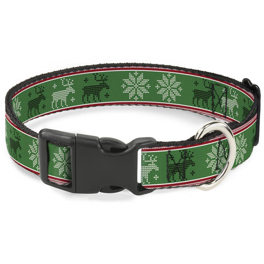 Plastic Clip Collar - Christmas Stitch Moose/Snowflakes Red/Green