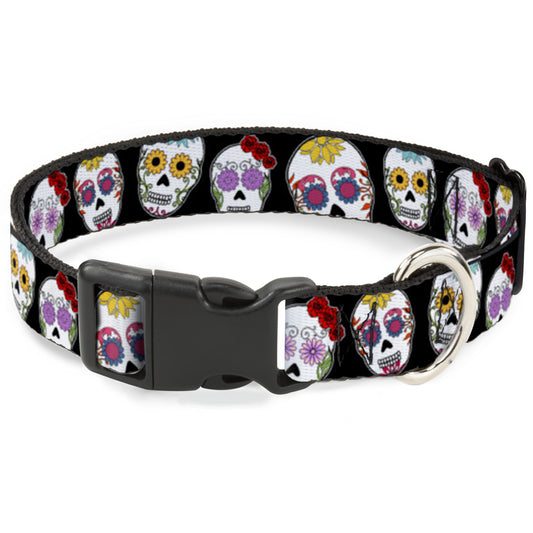 Plastic Clip Collar - Staggered Sugar Skulls CLOSE-UP Black/Multi Color