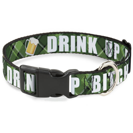 Plastic Clip Collar - St. Pat's DRINK UP BITCHES/Beer Mugs/Stacked Shamrocks Greens/White/Gold