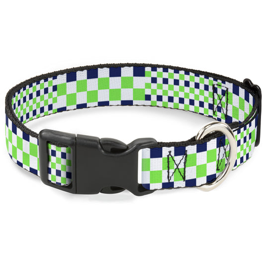 Plastic Clip Collar - Checker Blocks White/Navy/Neon Green
