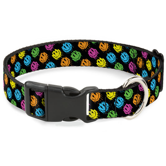 Plastic Clip Collar - Smiley Faces Melted Mini Repeat Angle Black/Multi Neon