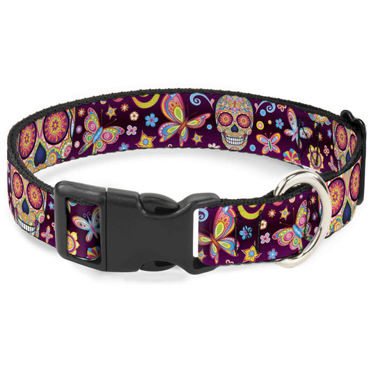 Plastic Clip Collar - Mariposa Calaveras/Butterflies/Flowers Burgundy/Multi Color