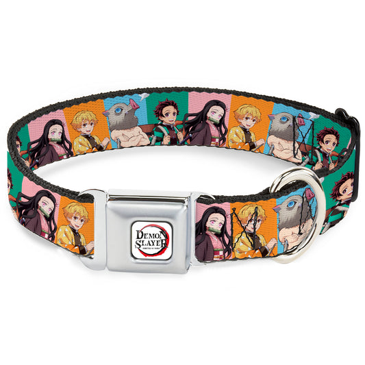 DEMON SLAYER Title Logo Full Color White Seatbelt Buckle Collar - Demon Slayer Four Character Group Pose Blocks Multi Color