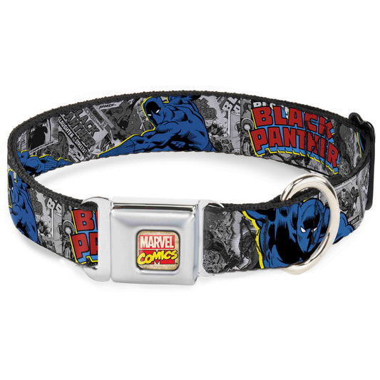 Marvel Comics Logo Full Color Seatbelt Buckle Collar - BLACK PANTHER Action Poses/Stacked Comics Grays/Yellow/Blue/Red