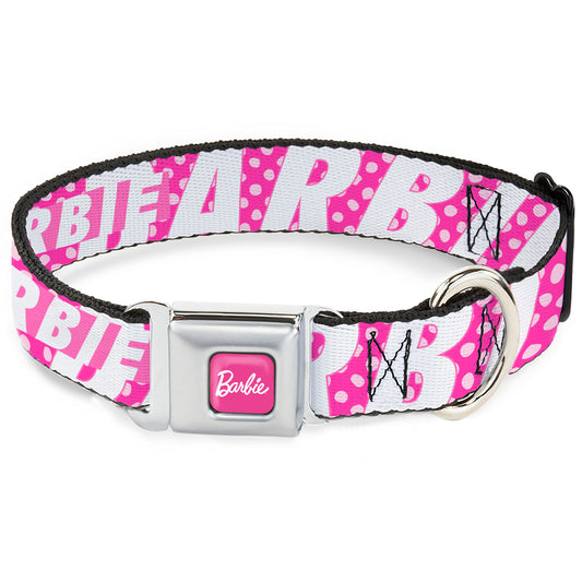 BARBIE Script Signature Full Color Hot Pink/White Seatbelt Buckle Collar - BARBIE Text and Polka Dots Pinks/White