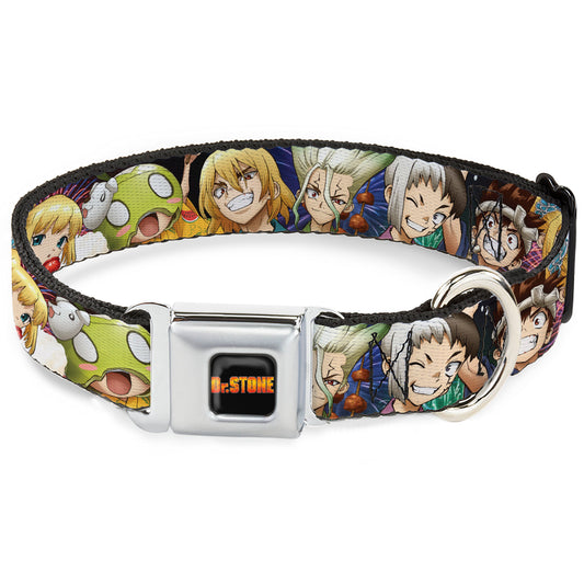 DR. STONE Title Logo Full Color Black/Orange Seatbelt Buckle Collar - Dr. Stone Character Group Faces Close-Up