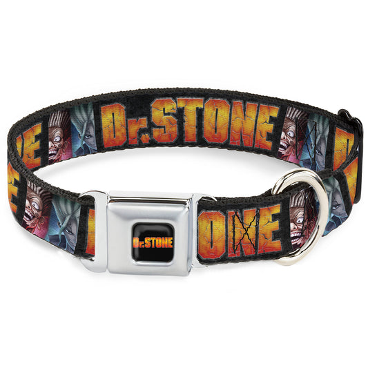 DR. STONE Title Logo Full Color Black/Orange Seatbelt Buckle Collar - DR. STONE Title Logo and Ibarra Suika Split Pose Black