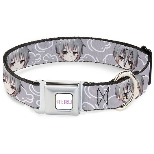 FRUITS BASKET Title Logo Full Color White/Purple Seatbelt Buckle Collar - Fruits Basket Chibi Yuki Soma Face and Kimono Rat Icon Gray/White