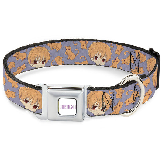 FRUITS BASKET Title Logo Full Color White/Purple Seatbelt Buckle Collar - Fruits Basket Chibi Kyo Soma and Cat Scattered Blue/Orange