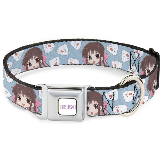 FRUITS BASKET Title Logo Full Color White/Purple Seatbelt Buckle Collar - Fruits Basket Chibi Tohru Honda and Rice Ball Scattered Light Blue
