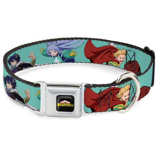 MY HERO ACADEMIA Title Logo Full Color Black Seatbelt Buckle Collar - My Hero Academia The Big 3 Action Poses Light Blue