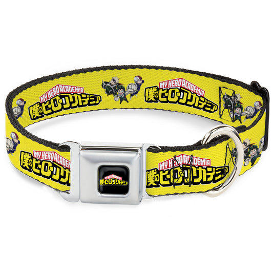 MY HERO ACADEMIA Title Logo Full Color Black Seatbelt Buckle Collar - MY HERO ACADEMIA Character Trio Pose and Title Logo Yellow