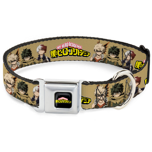 MY HERO ACADEMIA Title Logo Full Color Black Seatbelt Buckle Collar - MY HERO ACADEMIA Character Trio Pose and Title Logo Tan