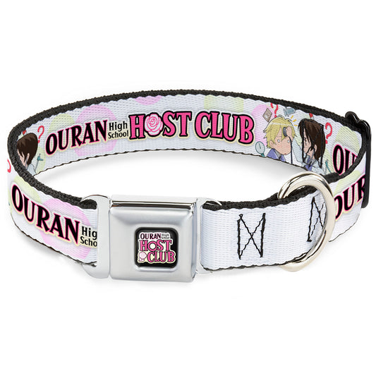 OURAN HIGH SCHOOL HOST CLUB Title Logo Full Color Black Seatbelt Buckle Collar - OURAN HIGH SCHOOL Chibi Tamaki and Haruhi Pose and Title Logo White