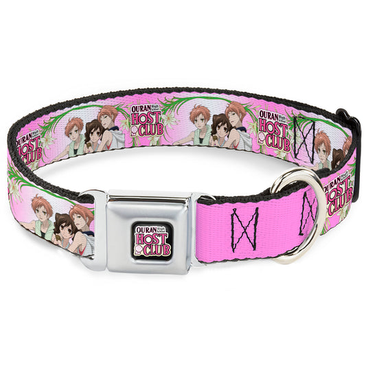 OURAN HIGH SCHOOL HOST CLUB Title Logo Full Color Black Seatbelt Buckle Collar - OURAN HIGH SCHOOL HOST CLUB Haruhi and Hitachiin Twins Lilies Pose and Title Logo Pinks