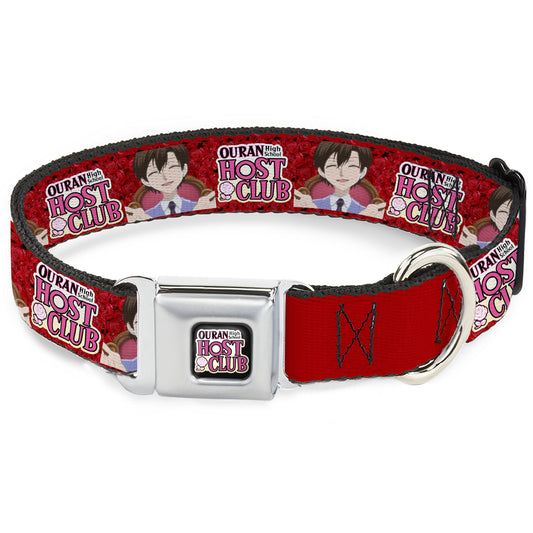 OURAN HIGH SCHOOL HOST CLUB Title Logo Full Color Black Seatbelt Buckle Collar - OURAN HIGH SCHOOL HOST CLUB Haruhi Smiling Pose with Roses and Title Logo Reds