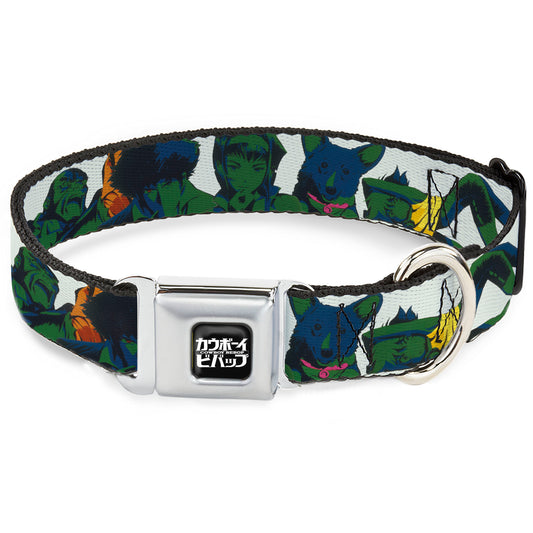 COWBOY BEBOP Title Logo Full Color Black/White Seatbelt Buckle Collar - COWBOY BEBOP Crew Group Pose and Title Logo White/Black/Greens