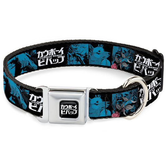 COWBOY BEBOP Title Logo Full Color Black/White Seatbelt Buckle Collar - COWBOY BEBOP Title Logo and Character Blocks Black/Blues