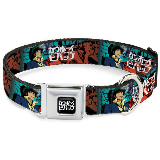 COWBOY BEBOP Title Logo Full Color Black/White Seatbelt Buckle Collar - COWBOY BEBOP Spike and Faye Brick Pose and Title Logo Blues/Reds