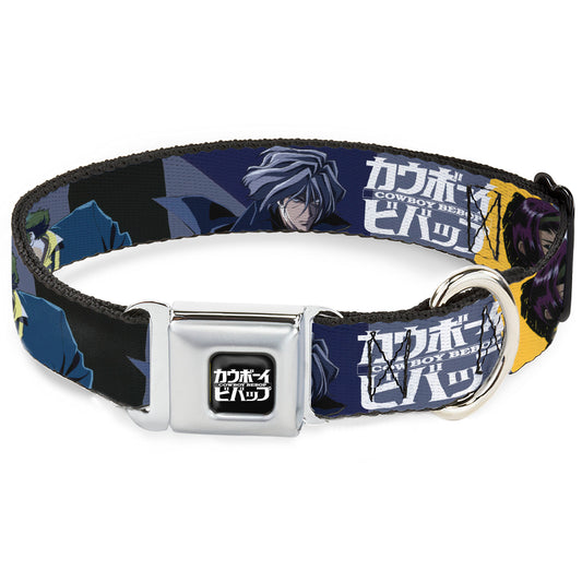 COWBOY BEBOP Title Logo Full Color Black/White Seatbelt Buckle Collar - COWBOY BEBOP Spike Vicious and Faye Pose and Title Logo Blues/Yellow