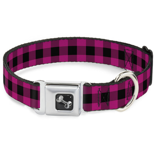 Dog Bone Seatbelt Buckle Collar - Buffalo Plaid Black/Fuchsia