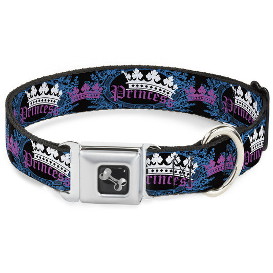 Dog Bone Seatbelt Buckle Collar - Crown Princess Oval Black/Turquoise